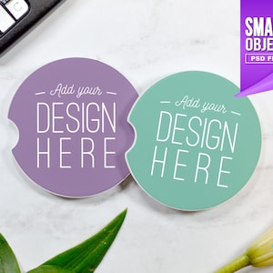 Set Of Two Sandstone Car Coaster Mockup - Orange Lilly - Smart Object | Digital Download