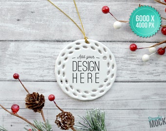 Round Open Work Porcelain Christmas Ornament, Christmas Mockup | Add your own image template - High quality digital download