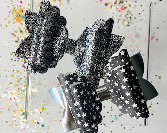 Black Glitter Faux Leather Hair Bow: Star New Years Eve Bow