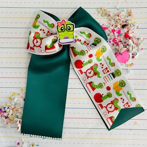 Ribbon School Coquette hair bow for girls, book worm school hair bow, Green school bow, Book print school bow, Ribbon back to school bow.