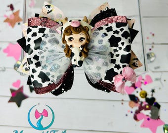 Cow birthday faux leather hair bow for girls and toddler