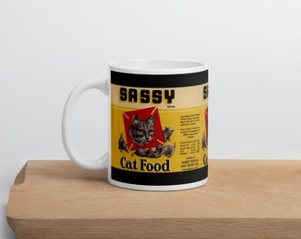 Vintage Print Freche Schwarze Katze Katze Food Label Katzenliebhaber Tasse