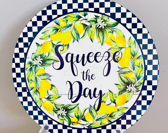 Lemon wreath sign, craft supplies, wreath attachment, round metal sign, summer decor, lemon decor, blue checkered, squeeze the day