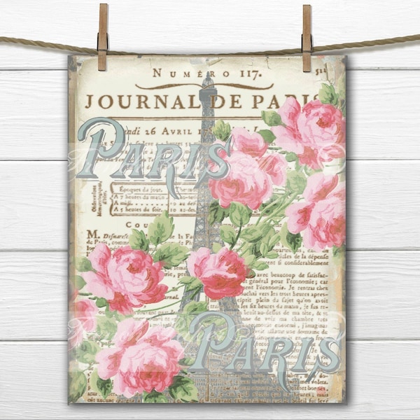 Eiffel Tower and roses sign, wreath attachment, craft supplies, metal sign, every day sign, French decor, vintage design, French newsprint