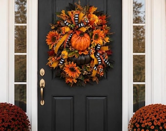 Fall Pumpkin & Sunflower Wreath: Harvest Farmhouse Door Decor