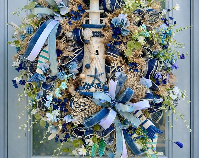 Coastal Lighthouse Wreath: Nautical Front Door Wreath, Blue and White ...