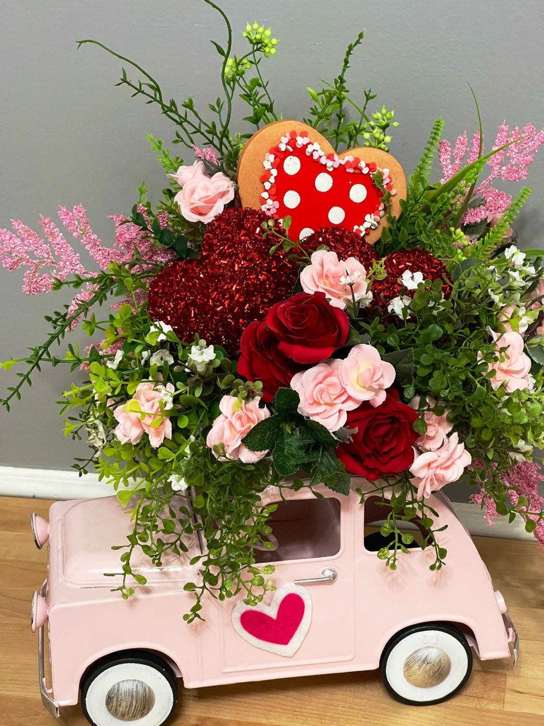 Valentines Centerpiece, Tabletop Floral Arrangement, Pink and Red Roses