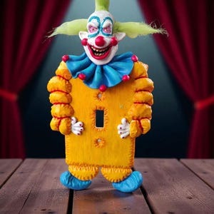 May include: A whimsical, yellow clown-shaped light switch cover with a blue ruffled collar and matching blue shoes. The clown has a red nose, green hair, and a menacing grin. The background features a red curtain.