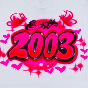 Airbrush T Shirt Est Year Hearts and Butterflies