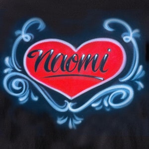 Custom Airbrush Black T-Shirt Heart Name, Hand-Painted Streetwear Art, Personalized Design for Men, Women, and Teens, Unique Gift Idea