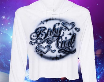 Airbrush Adult Cropped Long Sleeve Hoodie  Script Hearts Name Design