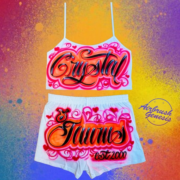 Custom Personalized Airbrush Name Booty Shorts Crop Top| 90s Clothing| Taurus outfit| Birthday outfit| Airbrush outfit for Woman