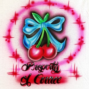 Airbrush T shirt Cherries with ribbon script name design