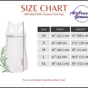May include: White racerback tank top with a size chart. The chart shows chest measurements from 14" (35.5 cm) to 18" (45.5 cm) and lengths from 27" (68.5 cm) to 29" (73.5 cm). The text "Airbrush Genesis" is in a purple circle.