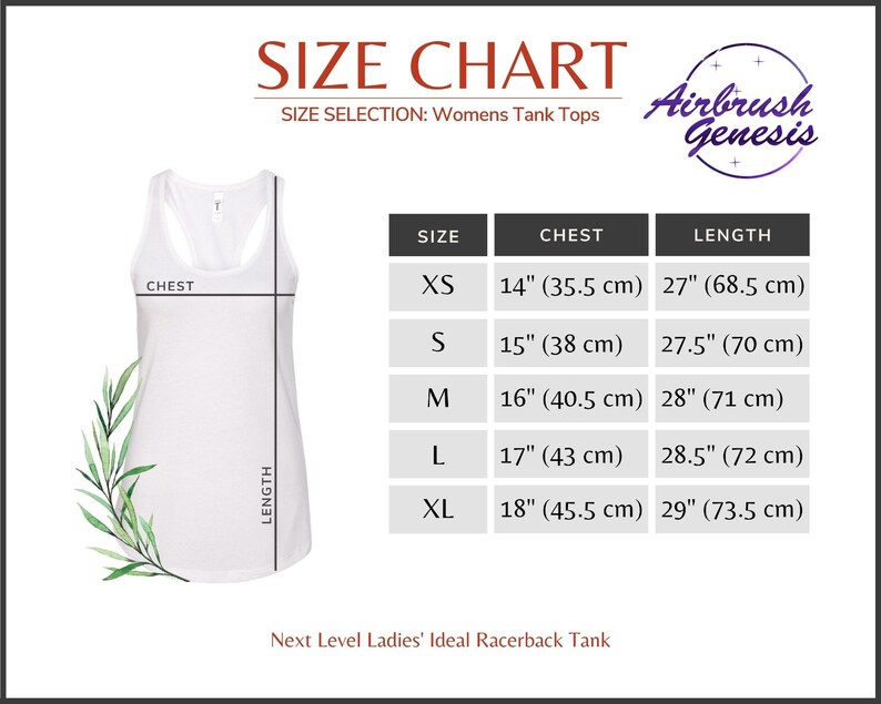 May include: White racerback tank top with a size chart. The chart shows chest measurements from 14" (35.5 cm) to 18" (45.5 cm) and lengths from 27" (68.5 cm) to 29" (73.5 cm). The text "Airbrush Genesis" is in a purple circle.