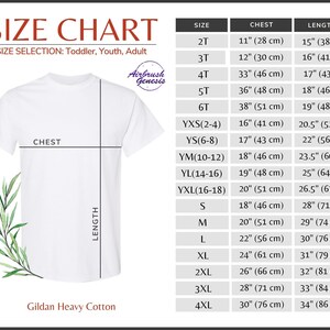 May include: Size chart for Gildan heavy cotton t-shirts, showing chest and length measurements in inches and centimeters for sizes 2T through 4XL.