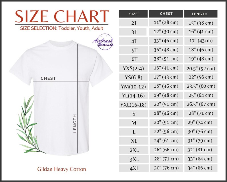 May include: Size chart for Gildan heavy cotton t-shirts, showing chest and length measurements in inches and centimeters for sizes 2T through 4XL.