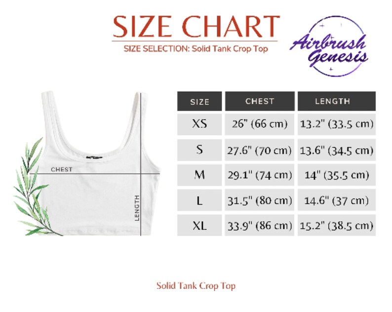 May include: Size chart for a solid tank crop top. The chart shows sizes XS through XL with corresponding chest and length measurements in inches and centimeters.