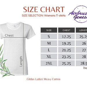 May include: Size chart for women's t-shirts, showing chest and length measurements in inches. The chart includes sizes S, M, L, XL, and 2XL. Gildan Ladies' Heavy Cotton.