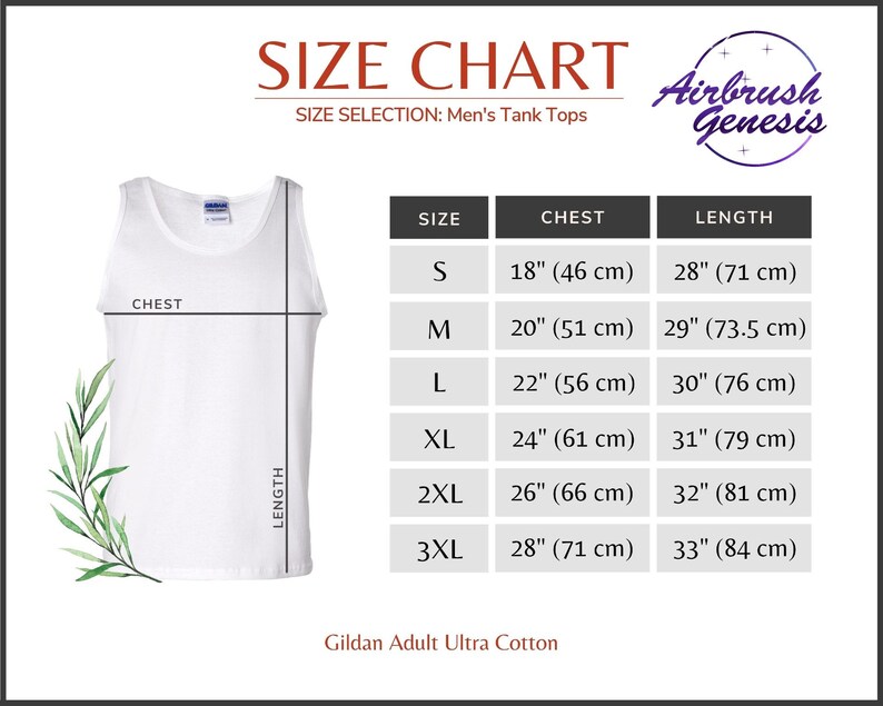May include: Size chart for men's tank tops, showing chest and length measurements in inches and centimeters. Sizes range from S to 3XL. The chart is labeled "Airbrush Genesis" and "Gildan Adult Ultra Cotton".