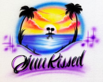 Airbrush Custom Vacation T Shirt Sunrise Palmtrees Design