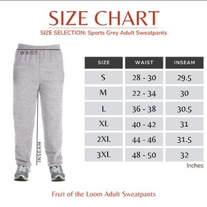 Puede incluir: Tabla de tallas para pantalones deportivos para adultos en gris deportivo. La tabla muestra las medidas de cintura y entrepierna en pulgadas para las tallas S a 3XL.