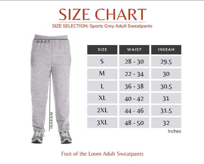 Puede incluir: Tabla de tallas para pantalones deportivos para adultos en gris deportivo. La tabla muestra las medidas de cintura y entrepierna en pulgadas para las tallas S a 3XL.