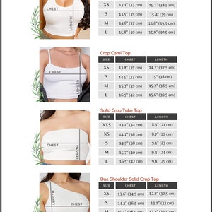 May include: A chart showing the size and measurements for four different crop tops: Open Back Halter Top, Crop Cami Top, Solid Crop Tube Top, and One Shoulder Solid Crop Top. The chart shows the chest and length measurements in inches and centimeters for each size, from XXS to L.