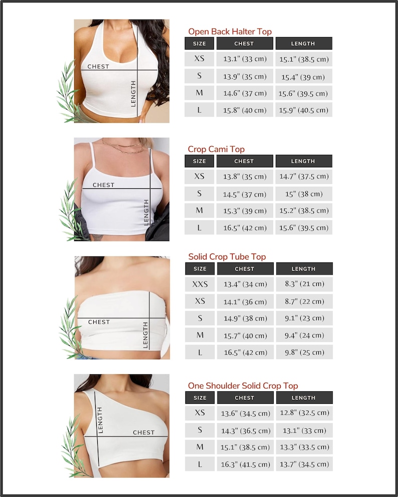May include: A chart showing the size and measurements for four different crop tops: Open Back Halter Top, Crop Cami Top, Solid Crop Tube Top, and One Shoulder Solid Crop Top. The chart shows the chest and length measurements in inches and centimeters for each size, from XXS to L.