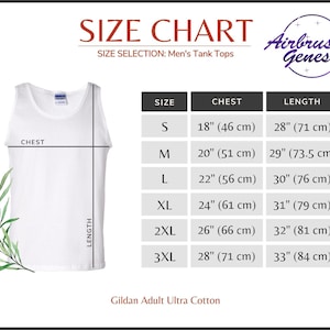 May include: White tank top with a size chart for men's tank tops. The chart includes chest and length measurements in inches and centimeters for sizes S to 3XL. The brand name "Airbrush Genesis" is visible.
