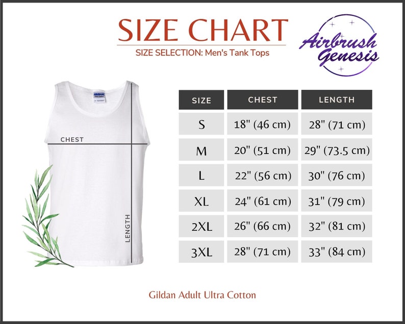 May include: White tank top with a size chart for men's tank tops. The chart includes chest and length measurements in inches and centimeters for sizes S to 3XL. The brand name "Airbrush Genesis" is visible.