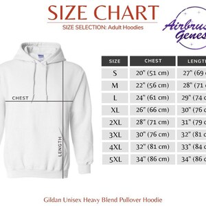 May include: Size chart for adult hoodies, showing chest and length measurements in inches and centimeters for sizes S through 5XL. The chart is labeled "Size Selection: Adult Hoodies" and "Airbrush Genesis".