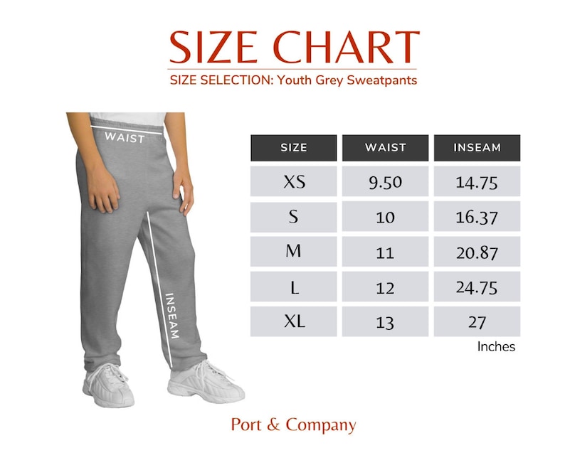 Puede incluir: Tabla de tallas para pantalones de ch&aacute;ndal grises para j&oacute;venes con medidas en pulgadas para la cintura y la entrepierna. Las tallas incluyen XS, S, M, L y XL.