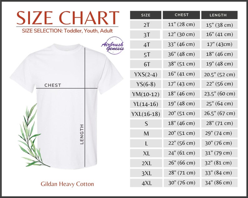 May include: A white t-shirt with a size chart for toddler, youth, and adult sizes. The chart includes chest and length measurements in inches and centimeters. The brand is Gildan Heavy Cotton.