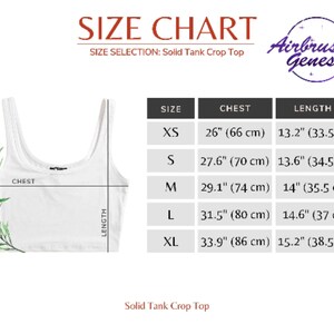 May include: Size chart for a solid tank crop top. The chart shows sizes XS through XL with corresponding chest and length measurements in inches and centimetres.