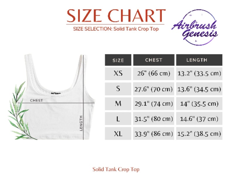 May include: Size chart for a solid tank crop top. The chart shows sizes XS through XL with corresponding chest and length measurements in inches and centimetres.