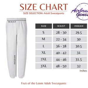 Puede incluir: Tabla de tallas para pantalones deportivos para adultos con medidas en pulgadas. La tabla muestra las medidas de cintura y entrepierna para las tallas S, M, L, XL, 2XL y 3XL. La tabla est&aacute; etiquetada como "Tabla de tallas" y "Selecci&oacute;n de talla: Pantalones deportivos para adultos".