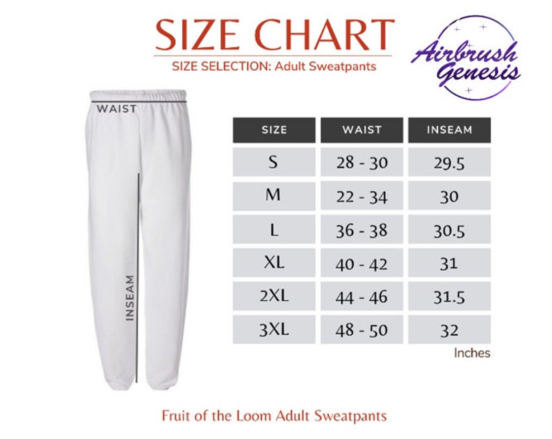 Puede incluir: Tabla de tallas para pantalones deportivos para adultos con medidas en pulgadas. La tabla muestra las medidas de cintura y entrepierna para las tallas S, M, L, XL, 2XL y 3XL. La tabla est&aacute; etiquetada como "Tabla de tallas" y "Selecci&oacute;n de talla: Pantalones deportivos para adultos".