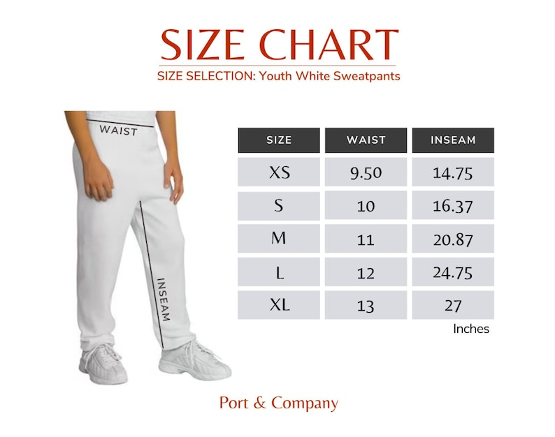 Puede incluir: Tabla de tallas para pantalones de ch&aacute;ndal blancos para j&oacute;venes con medidas en pulgadas para la cintura y la entrepierna. Las tallas incluyen XS, S, M, L y XL. La tabla muestra la medida de la cintura en pulgadas que van de 9,50 a 13 pulgadas y la medida de la entrepierna en pulgadas que van de 14,75 a 27 pulgadas.