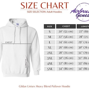 May include: White Gildan Unisex Heavy Blend Pullover Hoodie with a size chart. The chart shows chest and length measurements in inches and centimeters for sizes S through 5XL. The Airbrush Genesis logo is in the upper right corner.