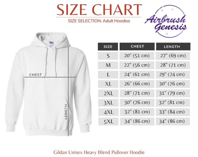 May include: White Gildan Unisex Heavy Blend Pullover Hoodie with a size chart. The chart shows chest and length measurements in inches and centimeters for sizes S through 5XL. The Airbrush Genesis logo is in the upper right corner.