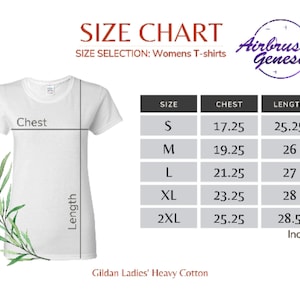 May include: White Gildan Ladies' Heavy Cotton t-shirt with a size chart. The chart displays chest and length measurements in inches for sizes S to 2XL. The text "Airbrush Genesis" is in a purple circular logo.