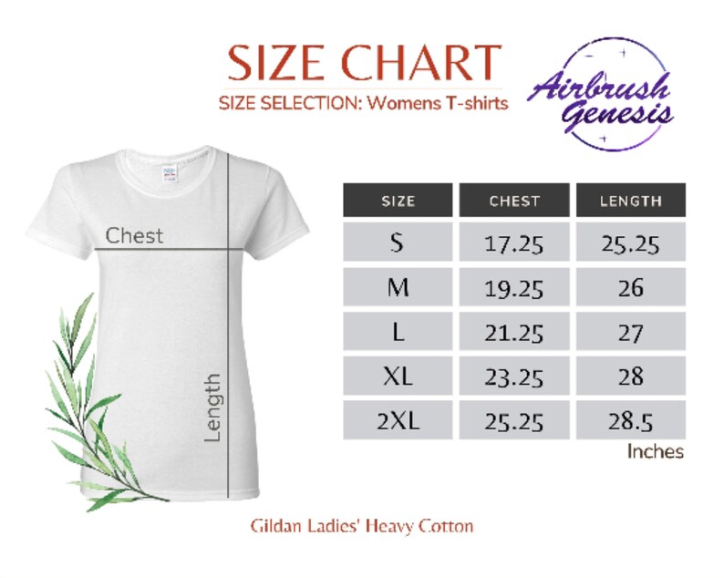 May include: White Gildan Ladies' Heavy Cotton t-shirt with a size chart. The chart displays chest and length measurements in inches for sizes S to 2XL. The text "Airbrush Genesis" is in a purple circular logo.