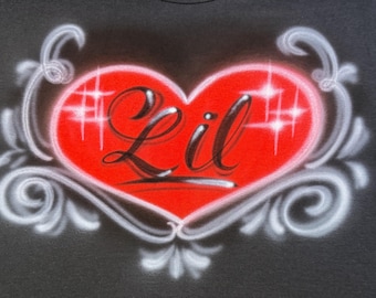 Custom Airbrush Black T-Shirt Heart Name, Hand-Painted Streetwear Art, Personalized Design for Men, Women, and Teens, Unique Gift Idea