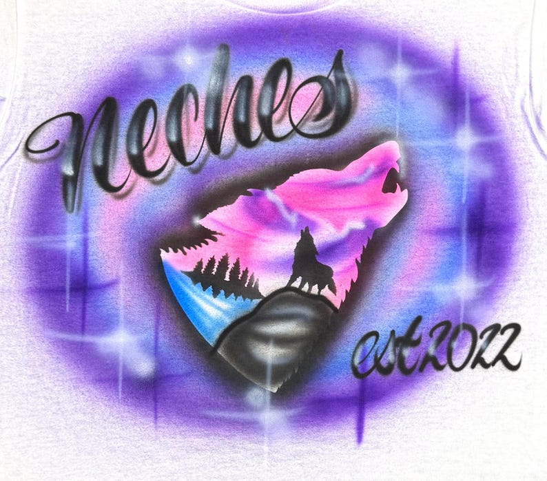 Custom Airbrush Wolf T-Shirt – Howling Moon Design – Personalized Name & Year – Dreamy Nature Tee image 6