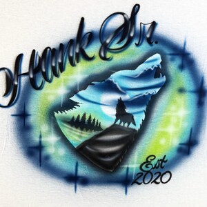 Custom Airbrush Wolf T-Shirt – Howling Moon Design – Personalized Name & Year – Dreamy Nature Tee image 5