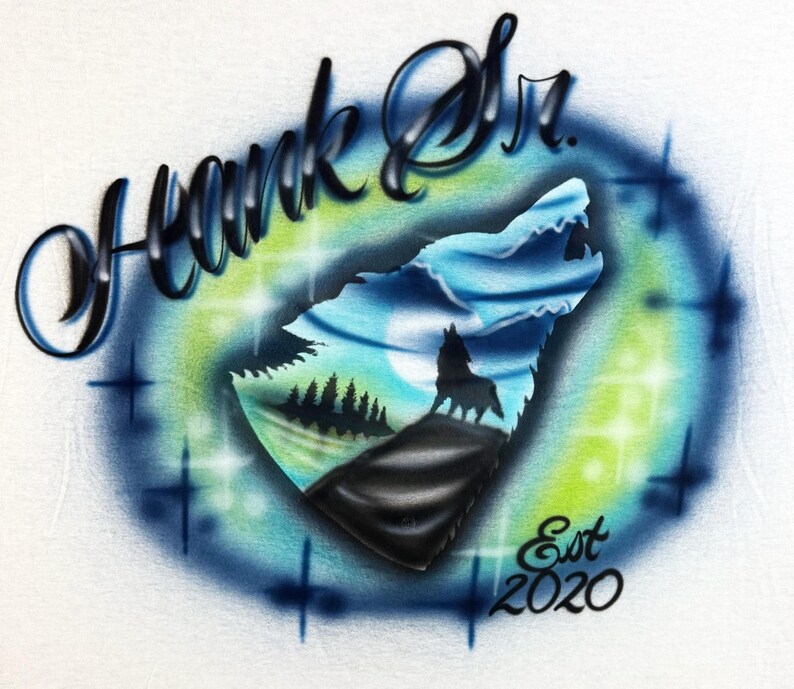 Custom Airbrush Wolf T-Shirt – Howling Moon Design – Personalized Name & Year – Dreamy Nature Tee image 5