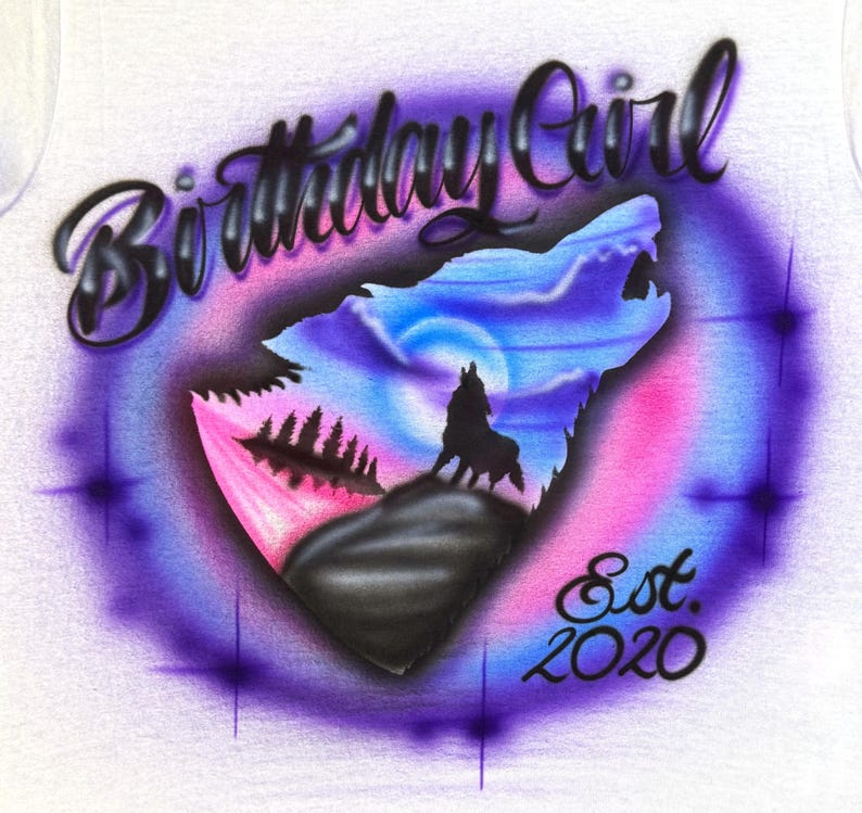Custom Airbrush Wolf T-Shirt – Howling Moon Design – Personalized Name & Year – Dreamy Nature Tee image 4