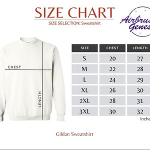 May include: A size chart for a Gildan sweatshirt, with measurements in inches. The chart includes sizes S to 3XL, with chest and length measurements. The image also features the Airbrush Genesis logo.