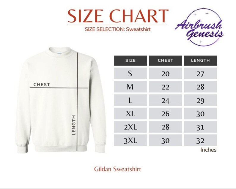 May include: A size chart for a Gildan sweatshirt, with measurements in inches. The chart includes sizes S to 3XL, with chest and length measurements. The image also features the Airbrush Genesis logo.